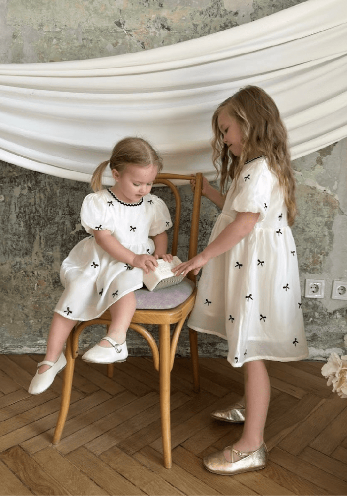 Kids girls French Luxe Bow Puff Dress - Black/ivory (pre order) - Fox Baby & Co