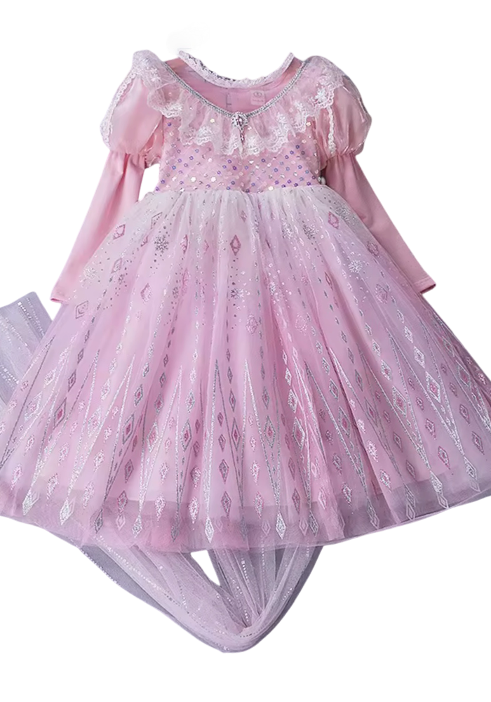 Aurora Lace Pink Princess Long Sleeve Party Dress Costume & Cape