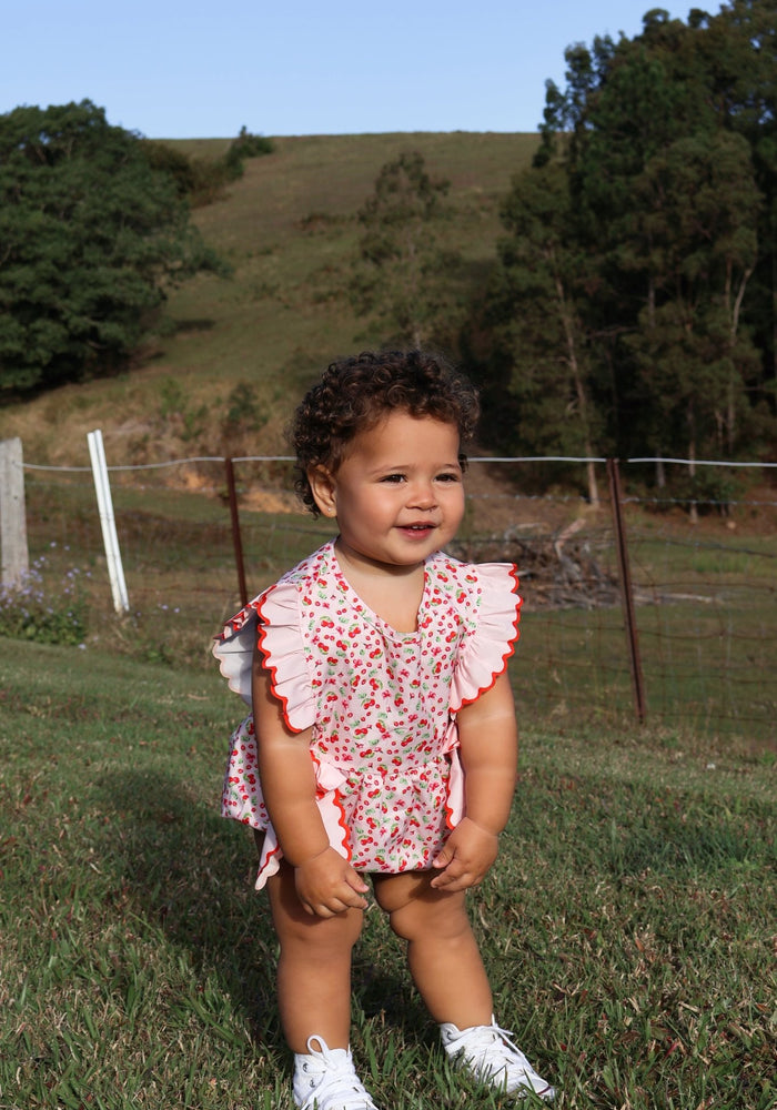 Cherry Floral Frill Bow Romper (pre order) - Fox Baby & Co