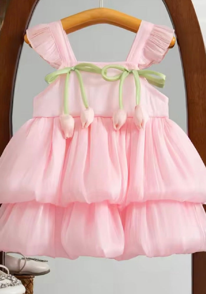 Spring Tulip Puff Frill Dress - Pink