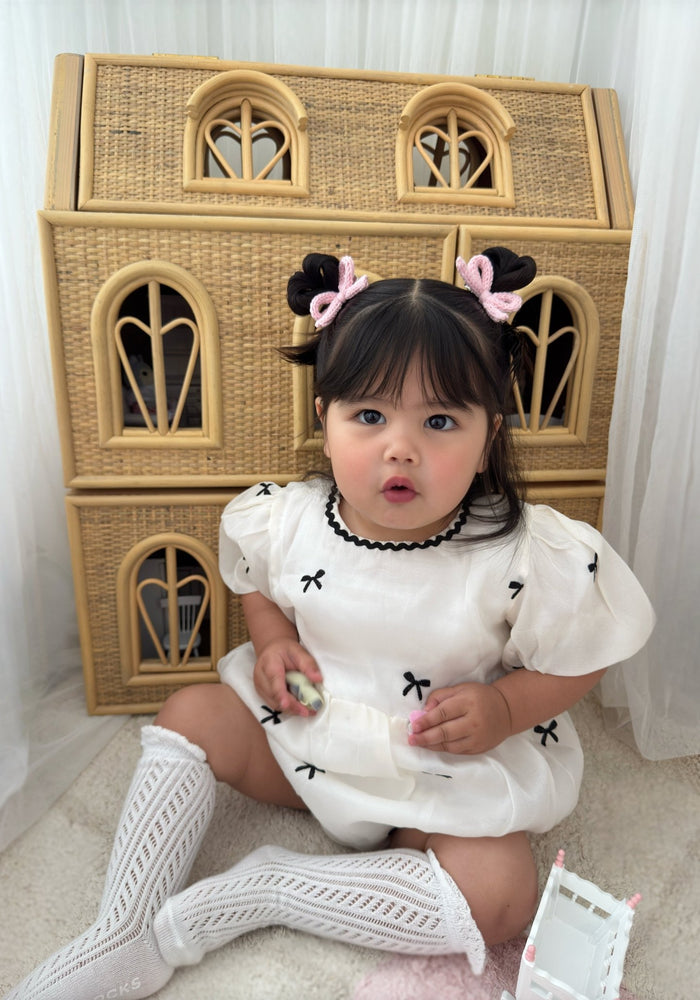Baby Girls French Luxe Bow Puff Romper - Black/Ivory (pre order) - Fox Baby & Co