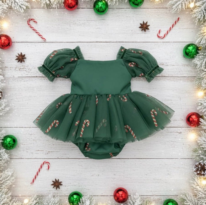Kids girls Christmas Luxe Puff Tulle Romper - Candy Cane - Fox Baby & Co
