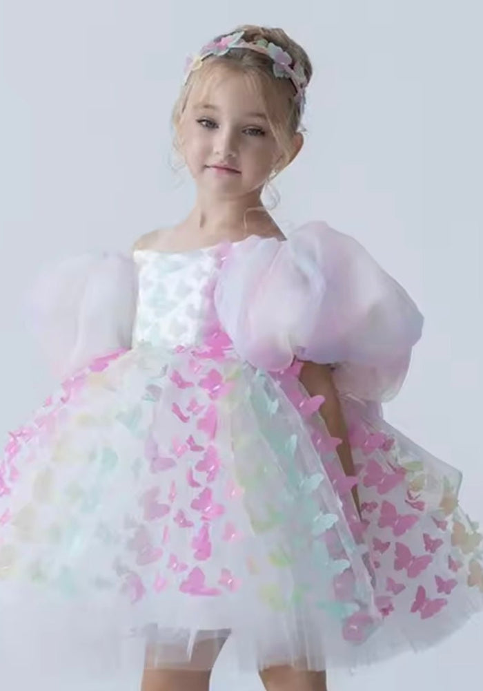 Bella Butterfly Flower Girl Kids Puff Sleeve Party Dress - Rainbow - Fox Baby & Co