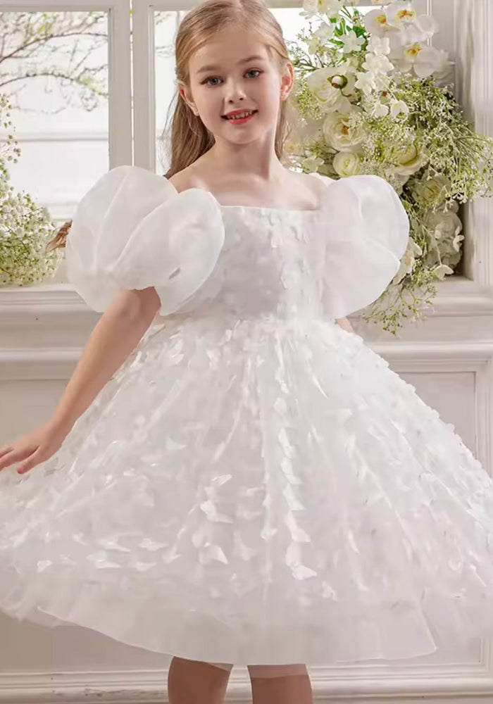 Bella Butterfly Flower Girl Kids Puff Sleeve Party Dress - White - Fox Baby & Co