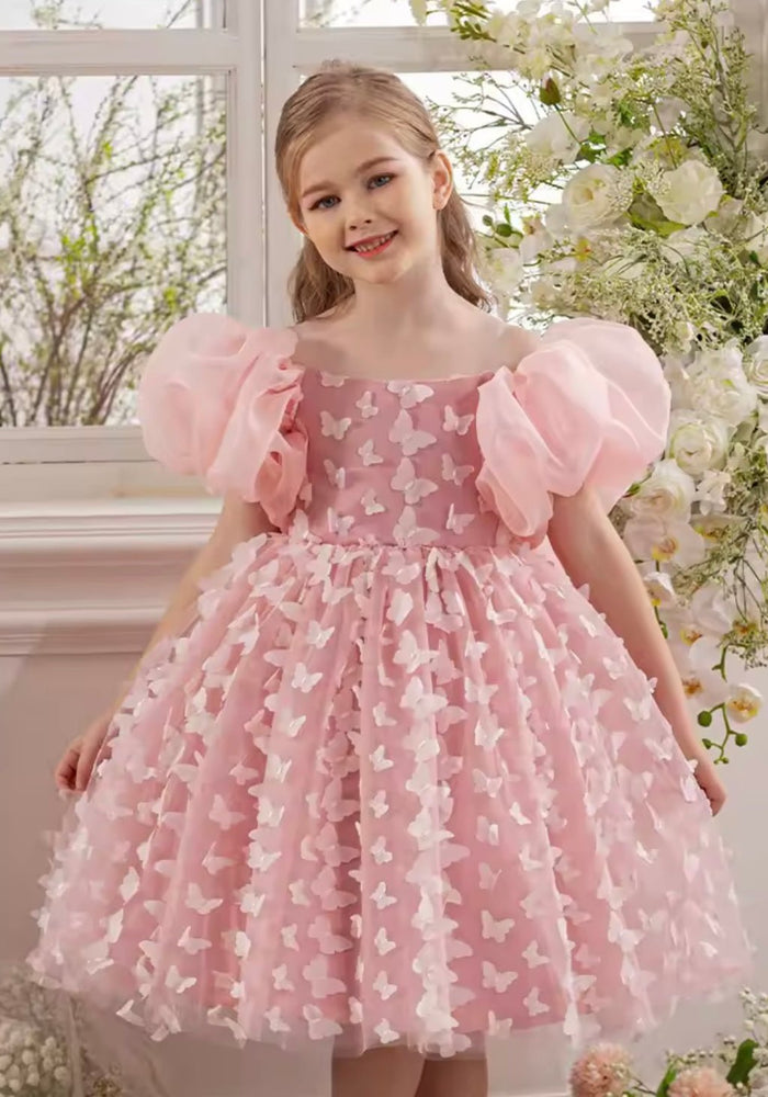 Bella Butterfly Flower Girl Kids Puff Sleeve Party Dress - Pink - Fox Baby & Co