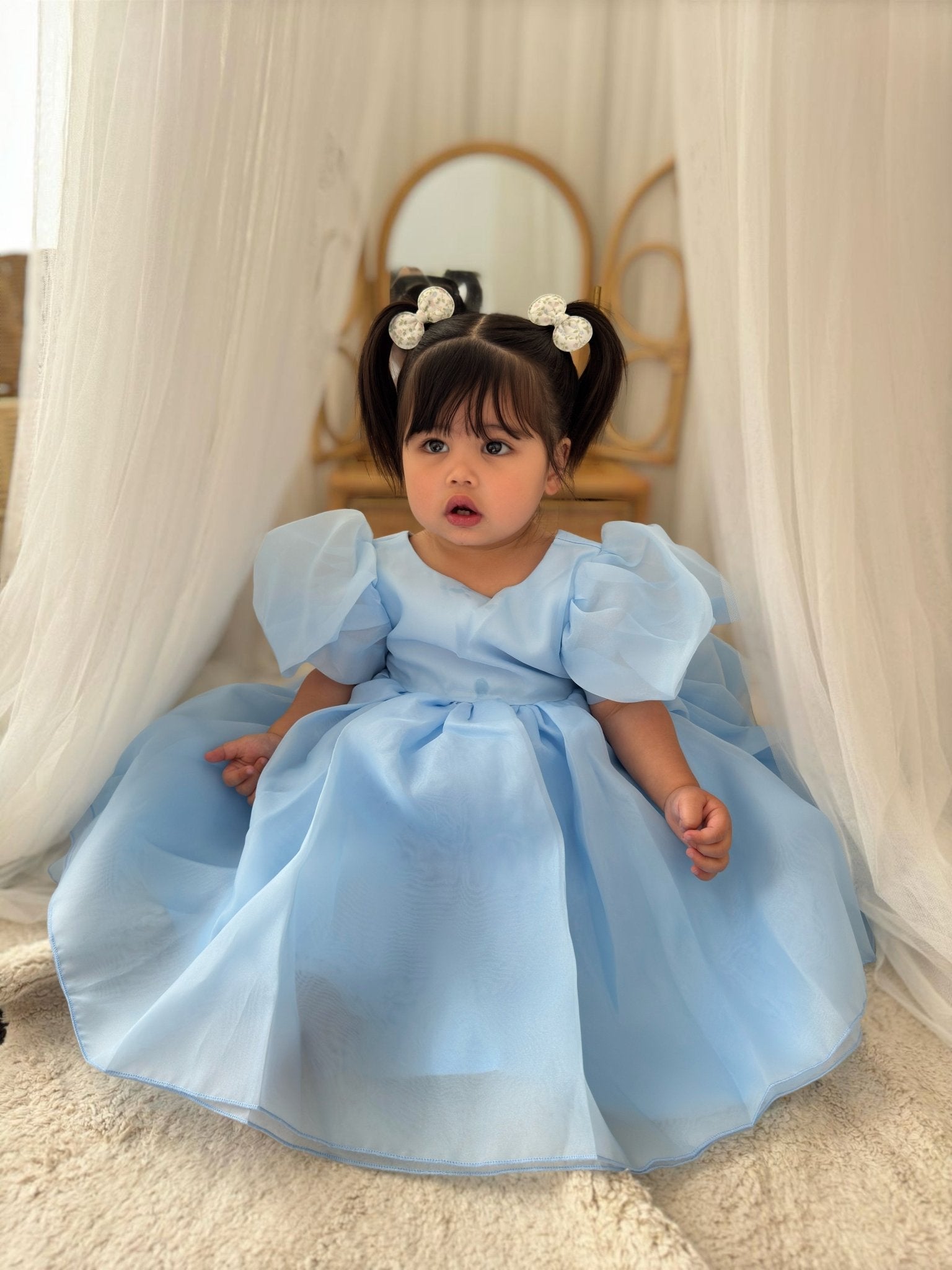 Kids little girls Bonnie Puff Sleeve Dress Blue (pre order