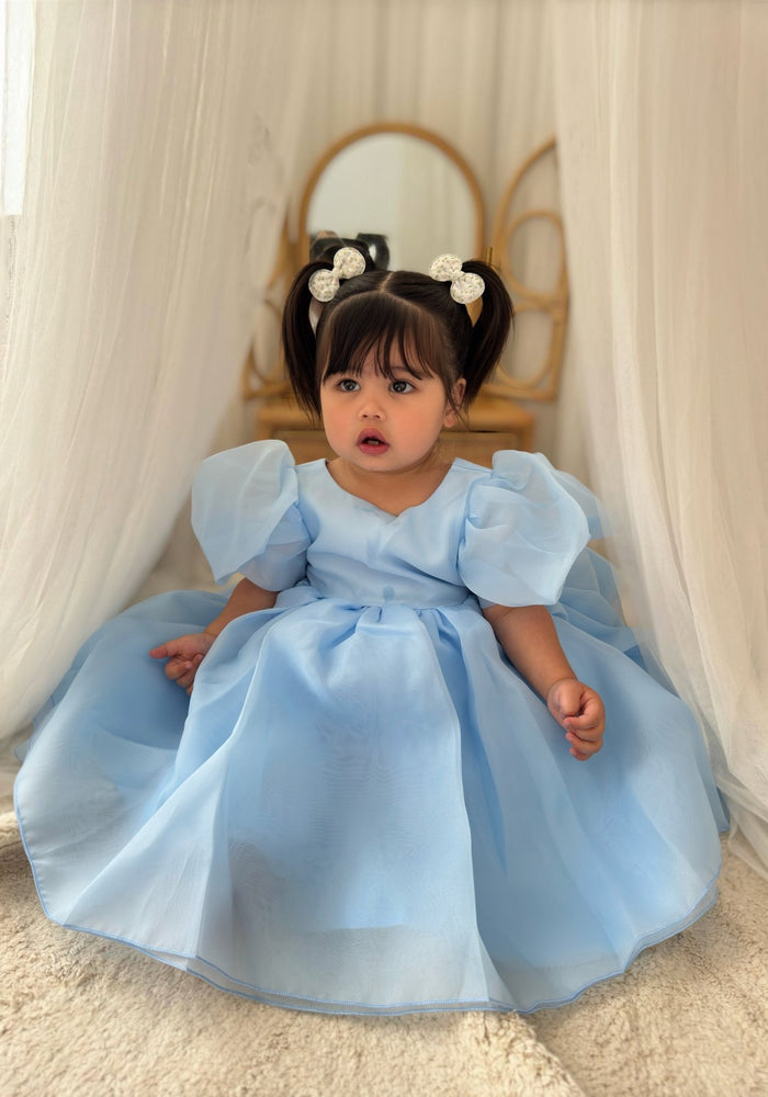Kids little girls Bonnie Puff Sleeve Dress - Blue (pre order) - Fox Baby & Co