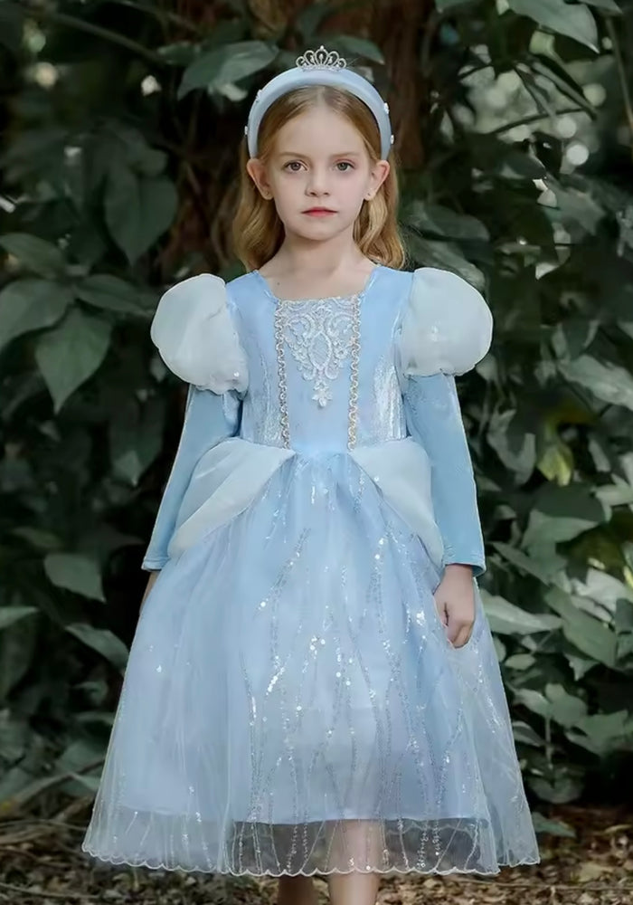 Magical Cinderella Princess Birthday Long Sleeve Party Dress Costume & Tiara Headband