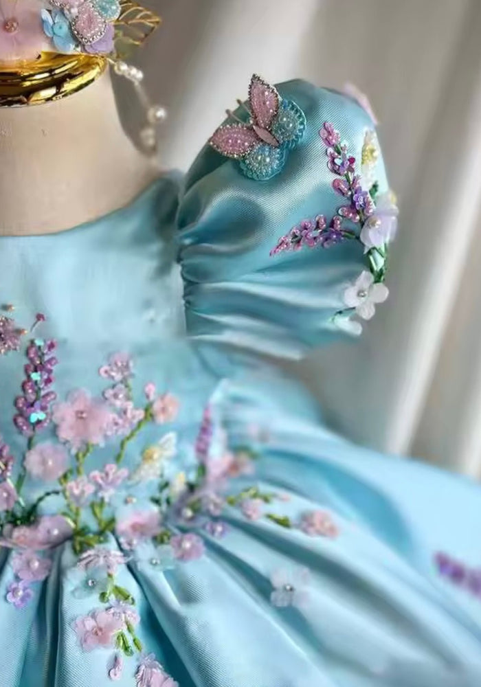 Vintage Floral Little Girls Luxe Dress - Blue - Fox Baby & Co