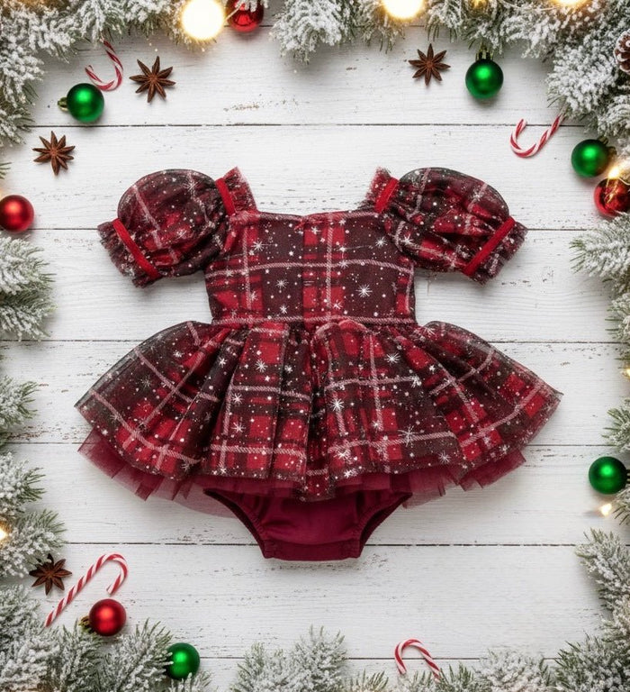 Kids girls Christmas Luxe Puff Tulle Romper - Sparkle Gingham - Fox Baby & Co