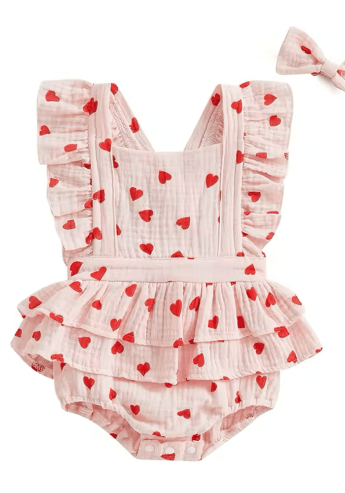 My Valentine Pink Hearts Frill Romper & Bow (pre order) - Fox Baby & Co