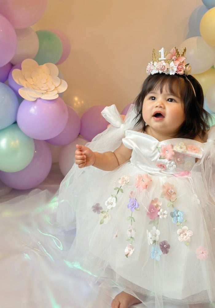 Everly Garden Flower Luxe Little Girls Tulle Dress - White (pre order) - Fox Baby & Co