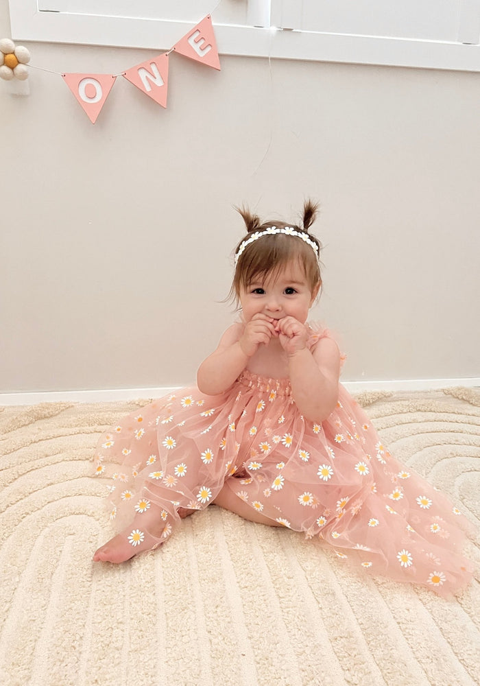 Kids little girl Arabella Daisy Tulle Dress - Pink/Yellow - Fox Baby & Co