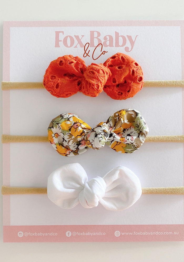 Harper Bow - Burnt Orange Broderie , Mustard Floral & White - Fox Baby & Co