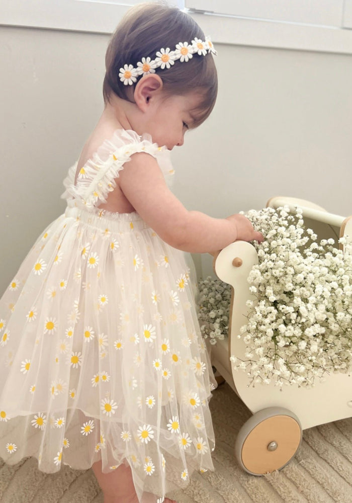 Kids little girls Arabella Daisy Tulle Dress - White/Yellow - Fox Baby & Co