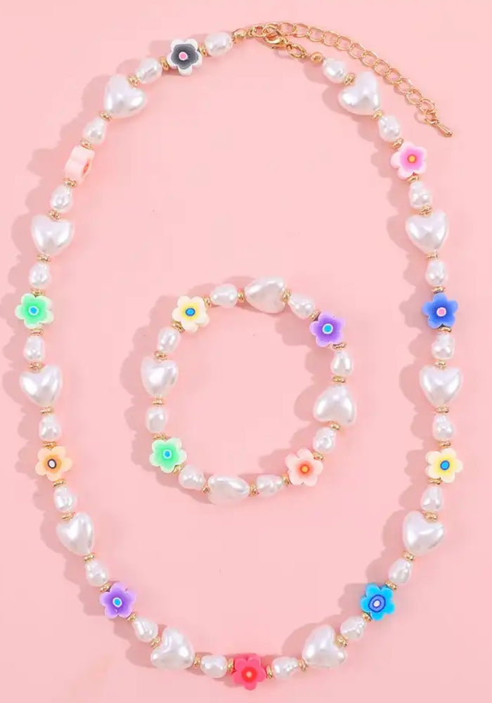 Daisy Pearl Necklace & bracelet flower set