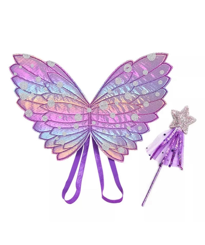 Kids little girls Rainbow Fairy Wings and wand set - purple