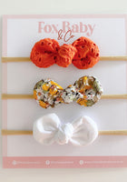 Load image into Gallery viewer, Harper Bow - Burnt Orange Broderie , Mustard Floral &amp; White
