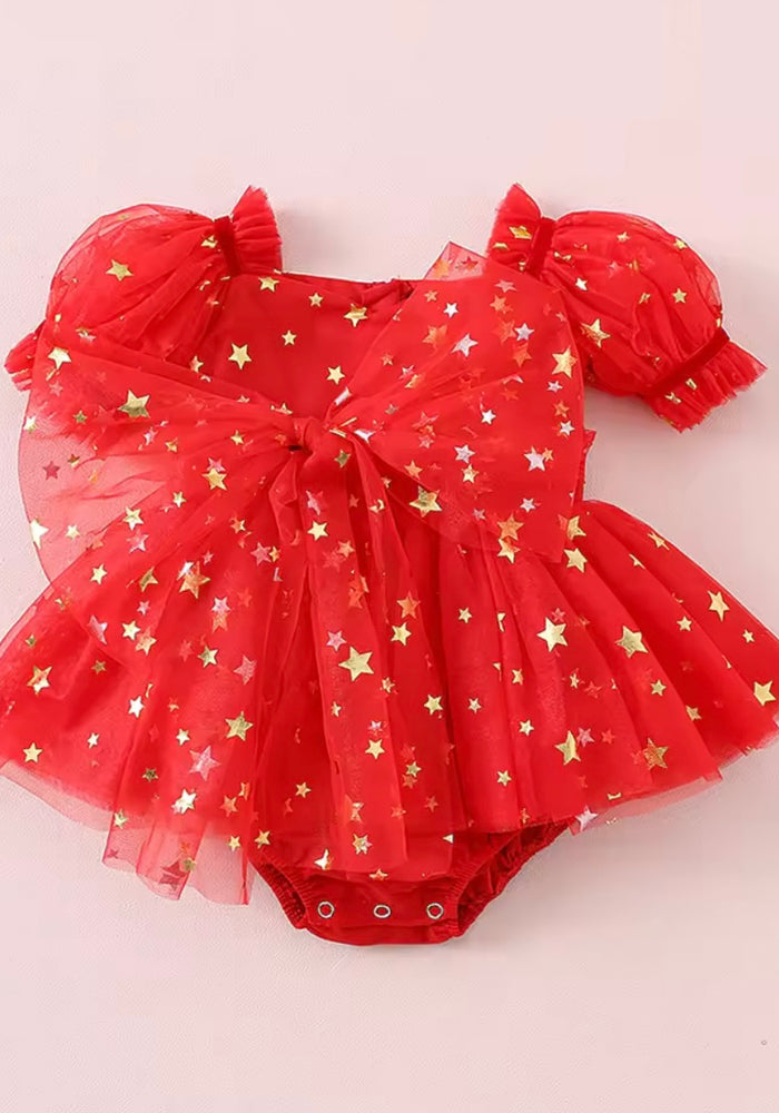 Kids girls Christmas Luxe Puff Tulle Romper - Red Sparkle