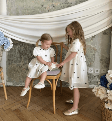 Kids girls French Luxe Bow Puff Dress - Black/ivory (pre order) - Fox Baby & Co