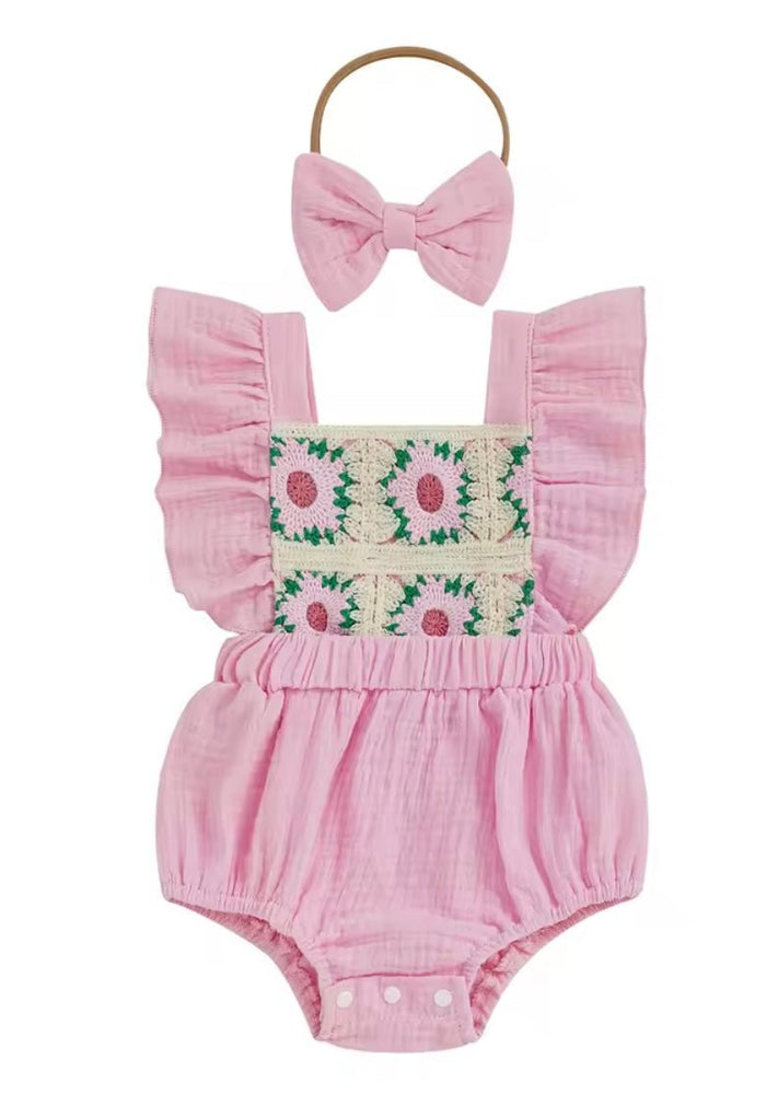 Pink Flower Crocheted Romper & Bow - Fox Baby & Co