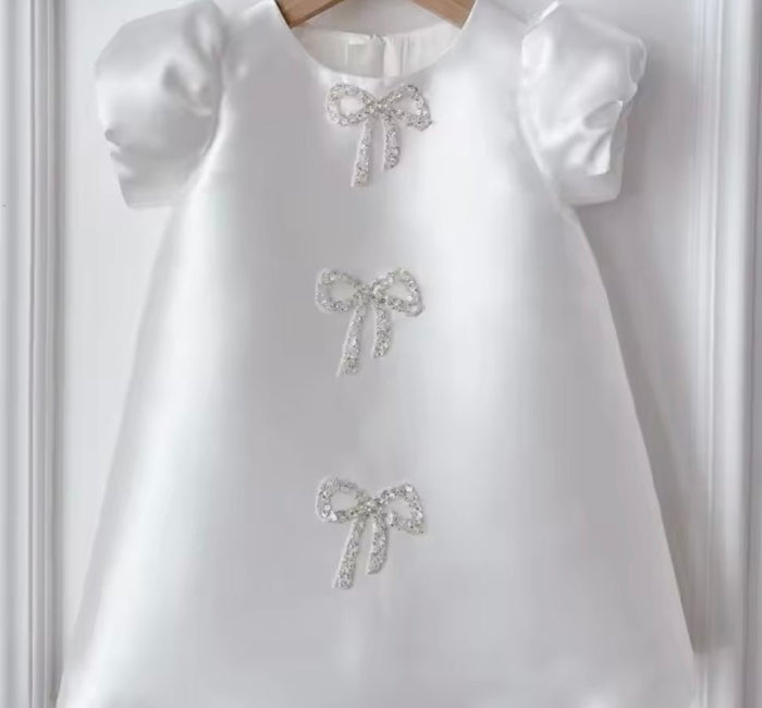 Kids girls Sparkle Bow Luxe Satin Dress - White (pre order) - Fox Baby & Co