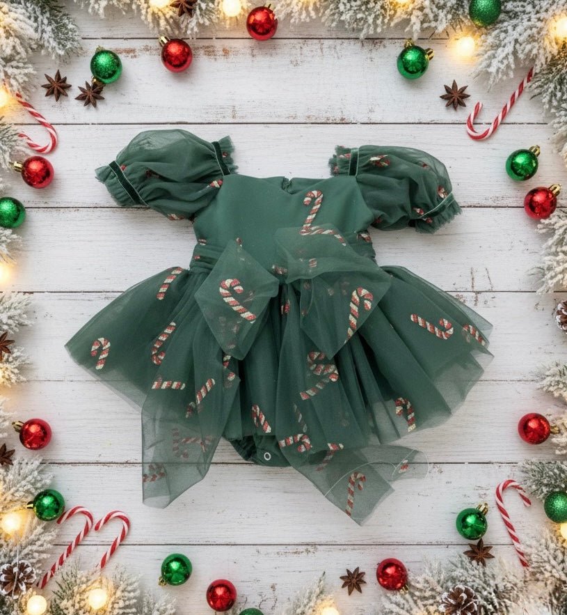 Kids girls Christmas Luxe Puff Tulle Romper - Candy Cane - Fox Baby & Co
