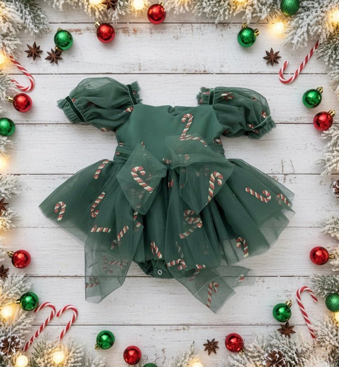 Kids girls Christmas Luxe Puff Tulle Romper - Candy Cane - Fox Baby & Co