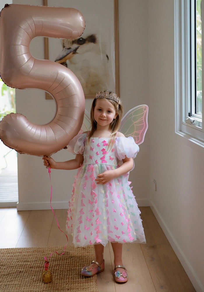 Bella Butterfly Flower Girl Kids Puff Sleeve Luxe Party Dress - Rainbow - Fox Baby & Co