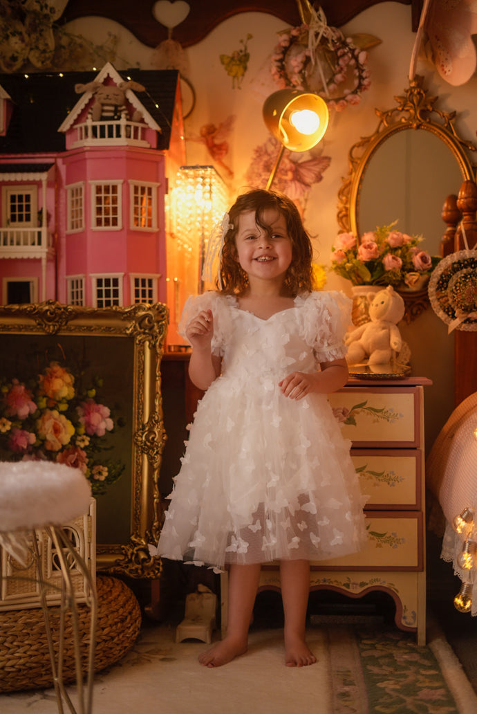 Kids girls Tea Party Butterfly Tulle Dress - White