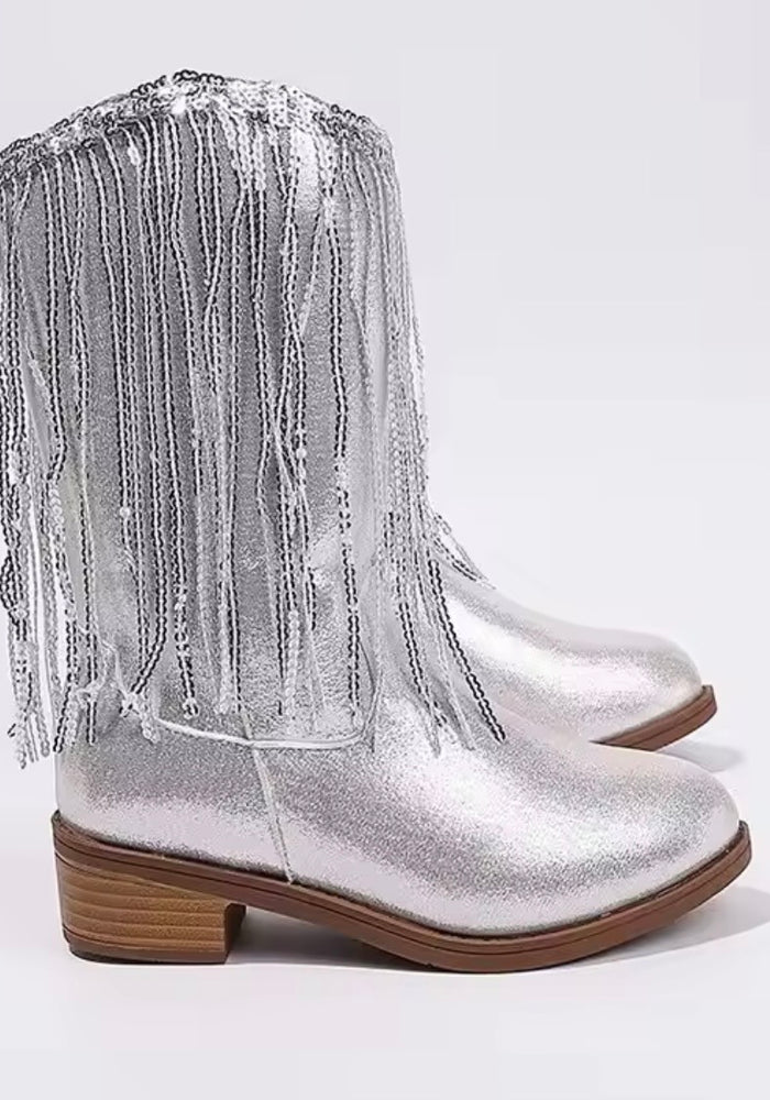 ✨ Silver Sparkle Fringe Cowgirl Boots