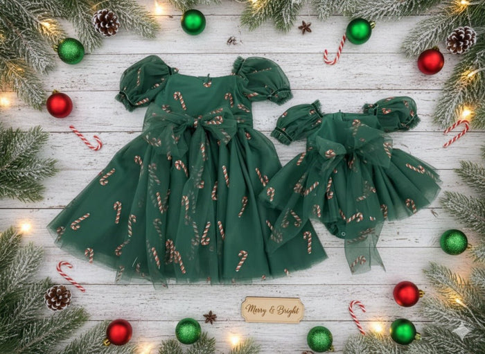 Kids girls Christmas Luxe Puff Tulle Romper - Candy Cane - Fox Baby & Co