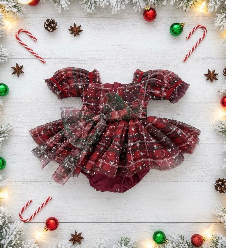 Kids girls Christmas Luxe Puff Tulle Romper - Sparkle Gingham - Fox Baby & Co