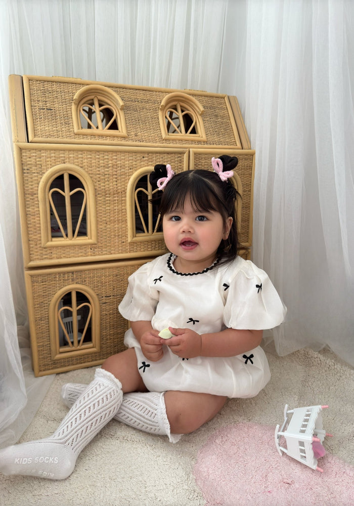Baby Girls French Luxe Bow Puff Romper - Black/Ivory (pre order) - Fox Baby & Co