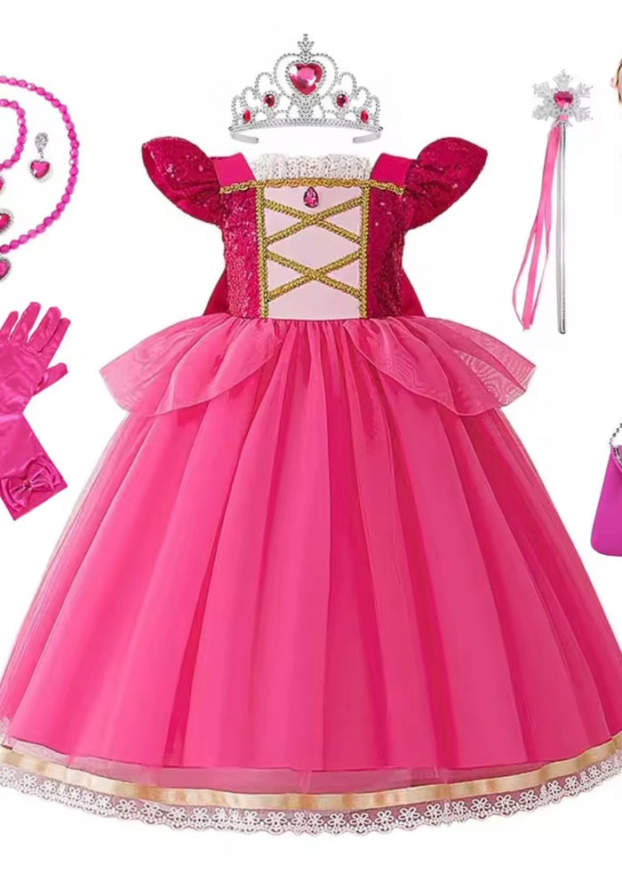 Original Pink Aurora Princess Party Dress Costume & Jewellery Set