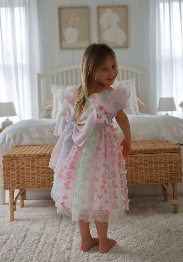 Bella Butterfly Flower Girl Kids Puff Sleeve Luxe Party Dress - Rainbow - Fox Baby & Co