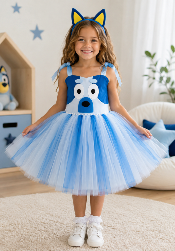 Bluey Inspired Tulle Party Dress & Headband Set 💙🐾