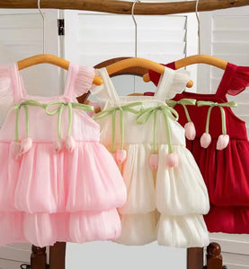 Spring Tulip Puff Frill Dress - Ivory