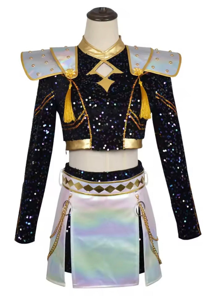 Kids Girls Kpop Style Demon Hunter Luxe Holographic Sequin SKIRT Performance Outfit Accessories Set
