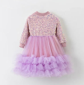 Little girl Halo Tutu Birthday Party Long Sleeve Dress - Lilac (pre order)