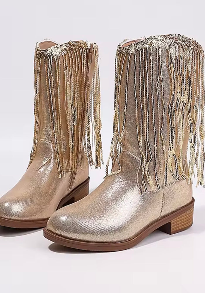 ✨ Gold Sparkle Fringe Cowgirl Boots