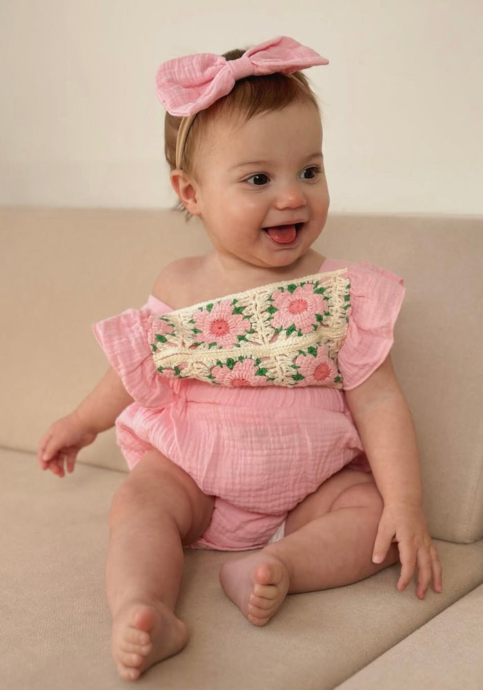 Pink Flower Crocheted Romper & Bow - Fox Baby & Co
