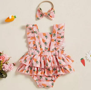 Easter Bunny Carrot Bow Frill Romper & Bow (pre order) - Fox Baby & Co
