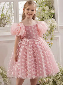 Bella Butterfly Flower Girl Kids Puff Sleeve Party Dress - Pink - Fox Baby & Co
