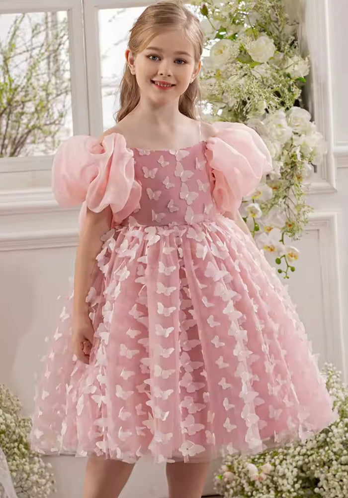 Bella Butterfly Flower Girl Kids Puff Sleeve Party Dress - Pink - Fox Baby & Co