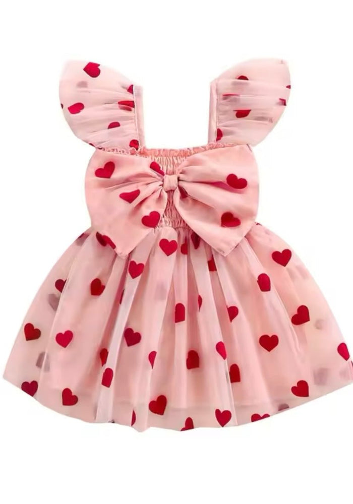 Girl Valentine Bow Big Heart Tulle Dress - Pink (pre order) - Fox Baby & Co