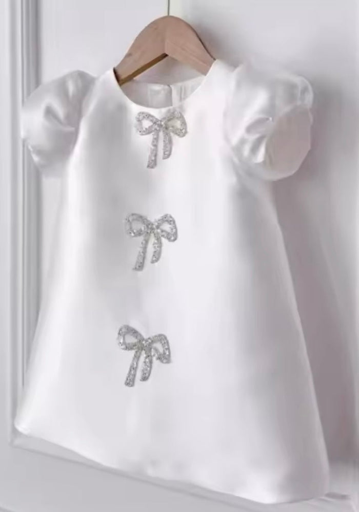 Kids girls Sparkle Bow Luxe Satin Dress - White (pre order) - Fox Baby & Co