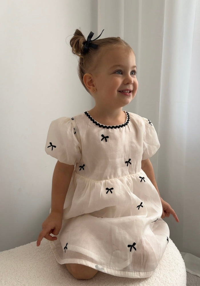 Kids girls French Luxe Bow Puff Dress - Black/ivory (pre order) - Fox Baby & Co