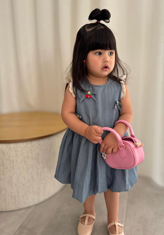 Denim Cherry Frill Dress (pre order) - Fox Baby & Co