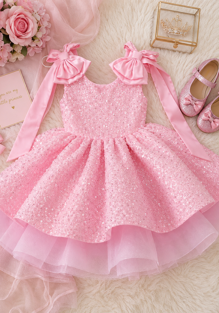 Little Girls Pink Sparkle Bow Luxe Princess Tulle Dress